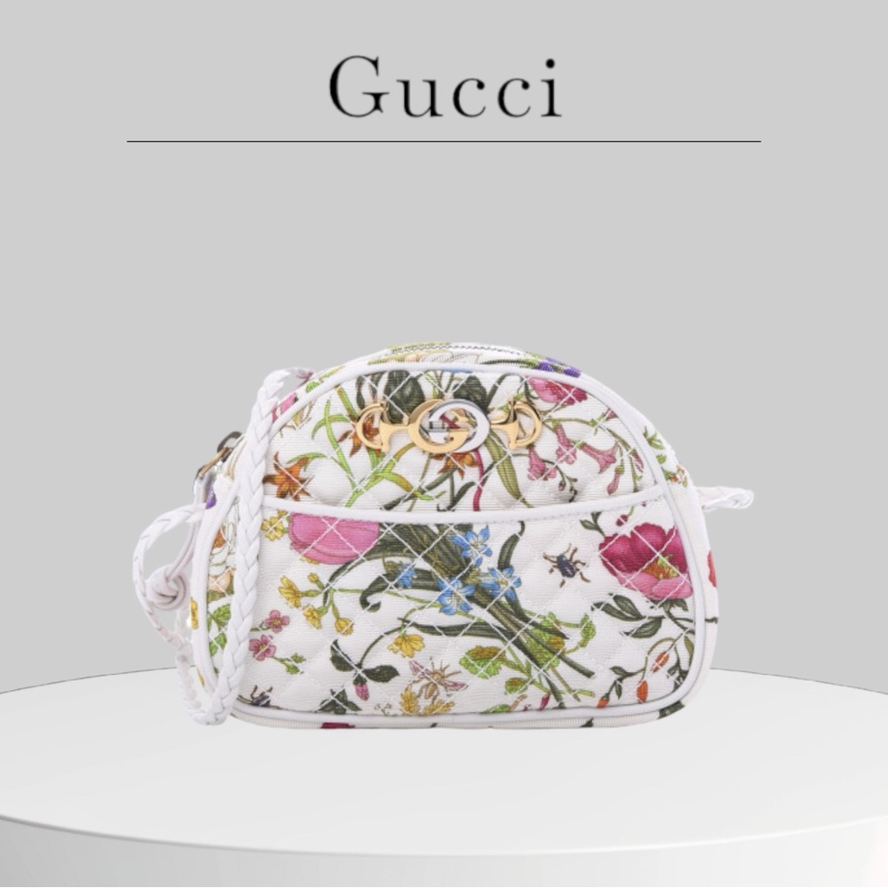 GUCCI 
Canvas Flora Floral Trapuntata Mini Zumi Dome Shoulder Bag White